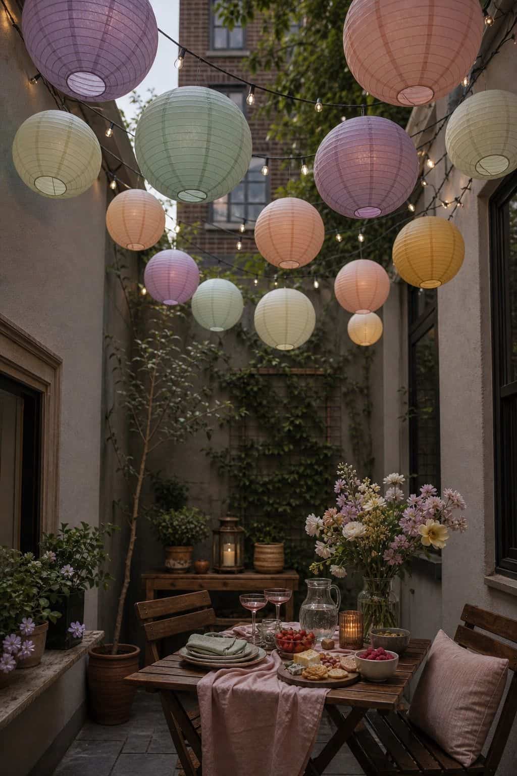 Pastel paper lanterns and string lights hung over a small patio spring party table.