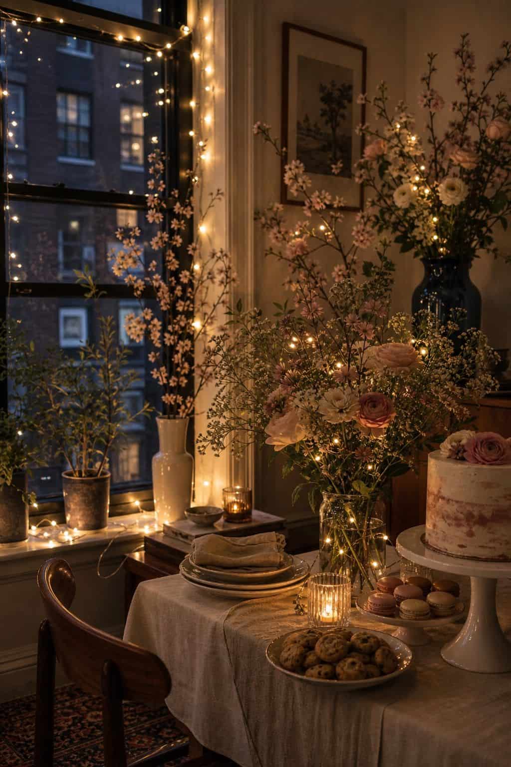 Warm white string lights woven through flowers and around a window party table.