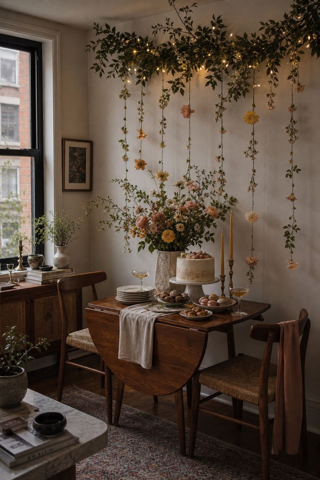 Compact apartment spring party table with vertical garland, flowers, cake, and walnut furniture.