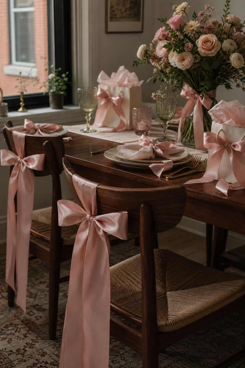 Blush satin bows tied to walnut chairs, napkins, flowers, and party bags on a spring table.