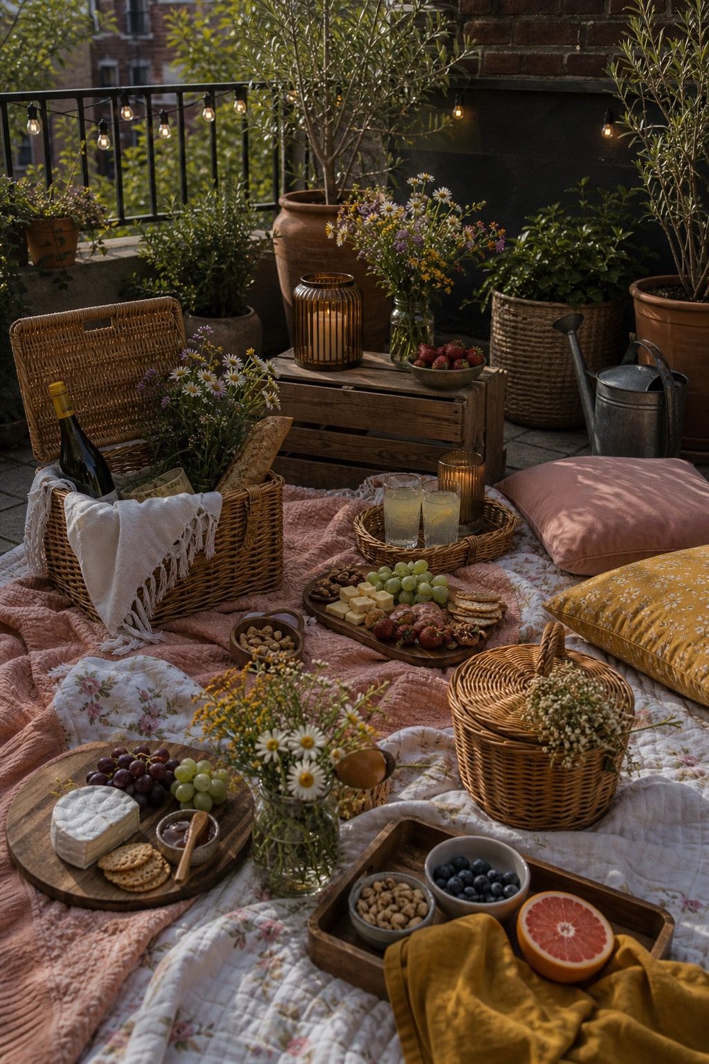 Outdoor picnic setup with pastel blankets, wicker baskets, wildflowers, fruit, and snacks.