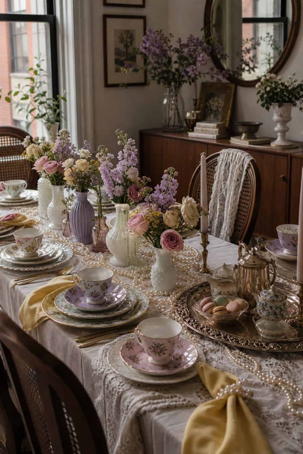 Regency garden party table with vintage teacups, pearls, lace, florals, and a silver tray.