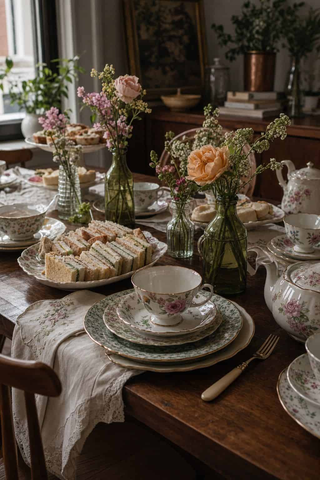 Garden party table with mismatched vintage china, finger sandwiches, teacups, and green glass vases.