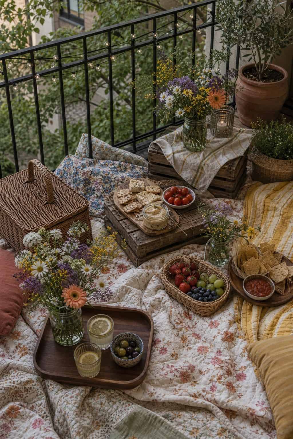 Balcony picnic with layered quilts, wicker basket, wildflowers, snacks, and walnut tray.