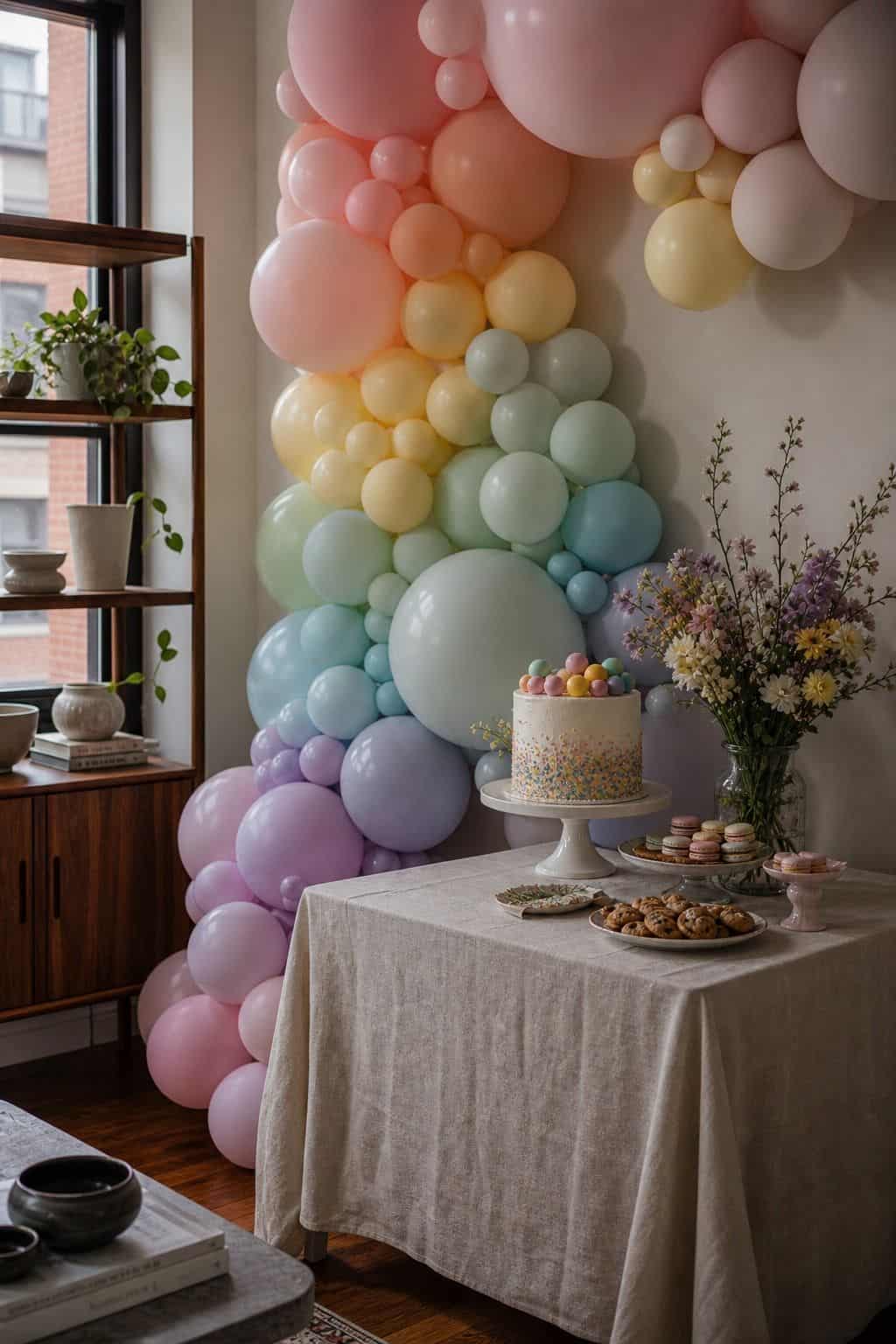 Pastel rainbow balloon wall beside a dessert table with cake, macarons, and flowers.