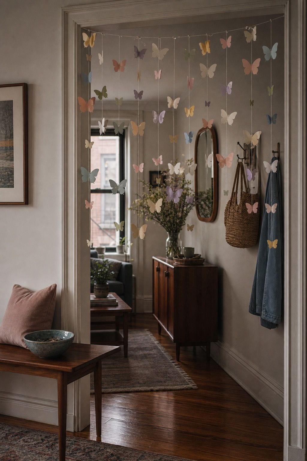 Pastel paper butterfly garlands hanging across a small apartment doorway.