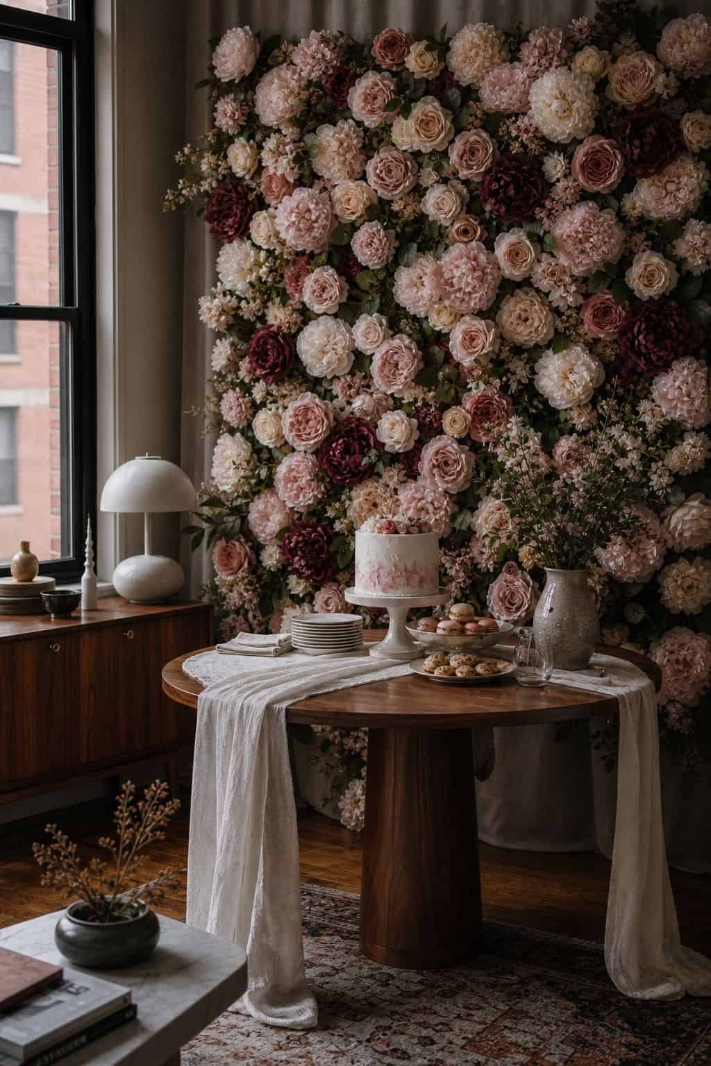 Silk peony and rose flower wall behind a spring dessert table in a small apartment.