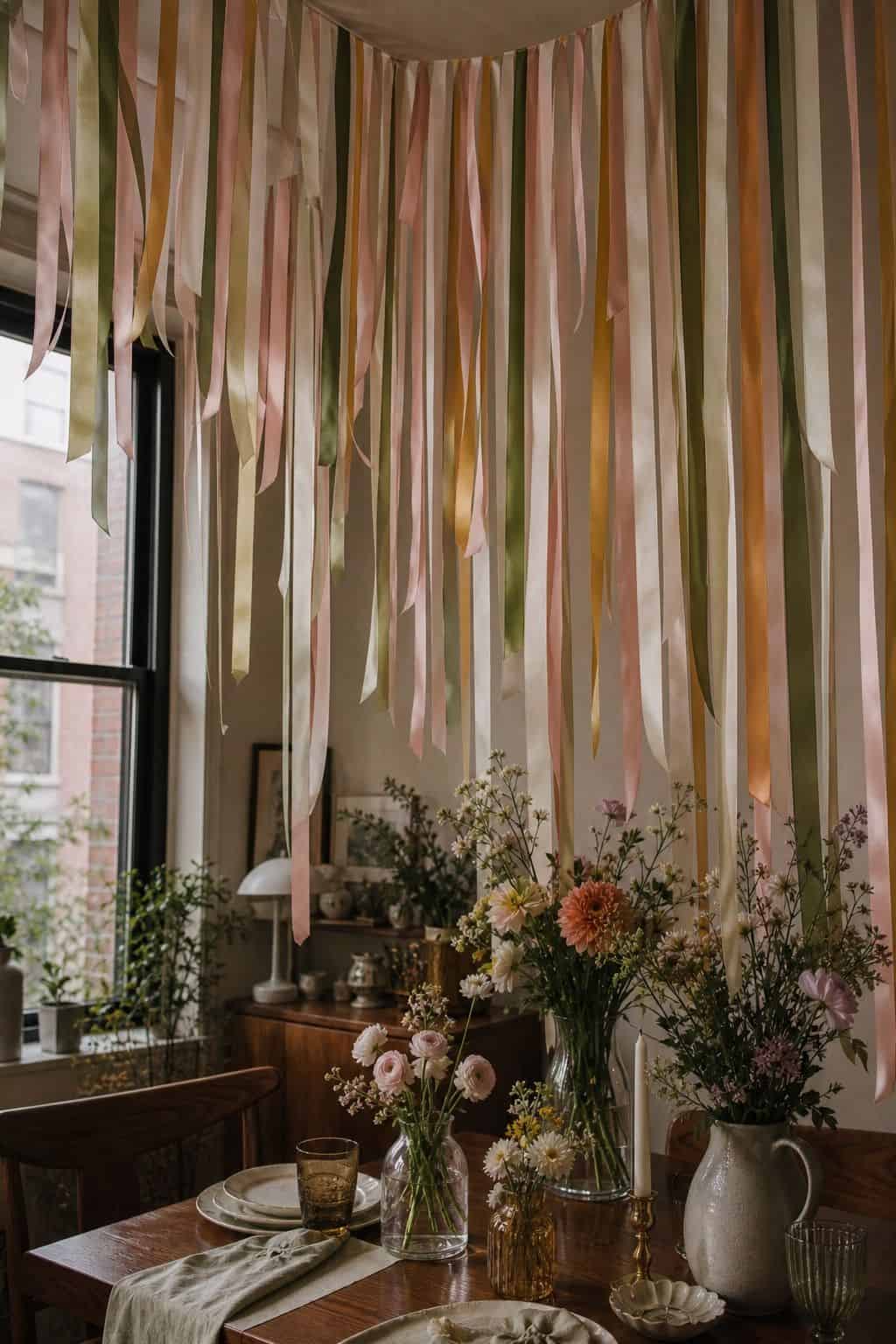 Pastel satin ribbon streamers hanging from the ceiling above a spring dining table.