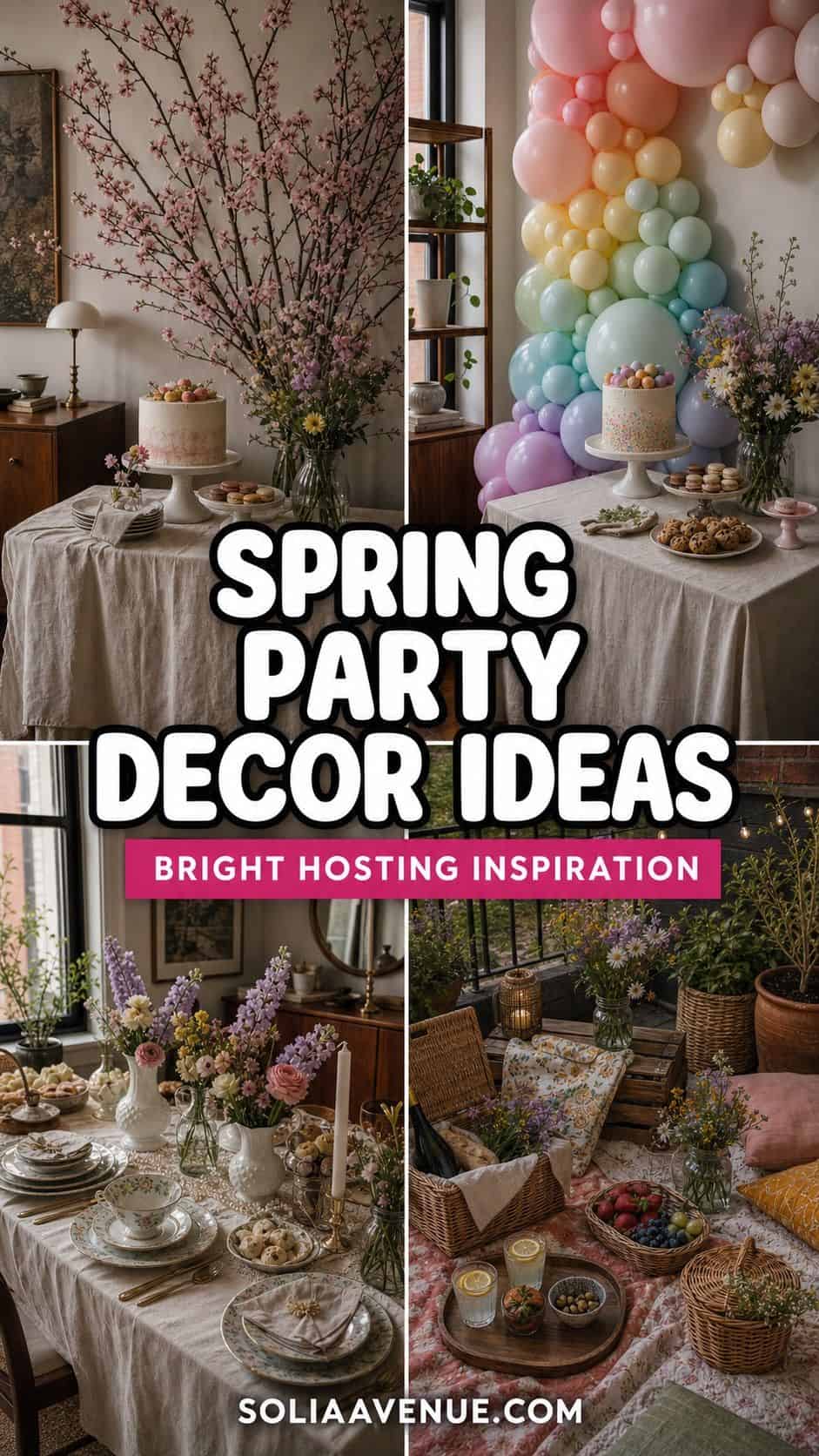 2x2 collage of spring party decor with blossoms, balloons, vintage china, and a balcony picnic.