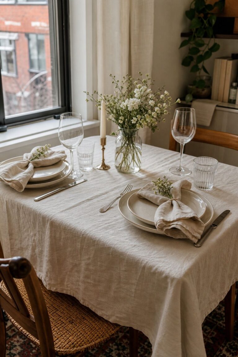 Start With a Neutral Linen Base small apartment idea for Top 18 Spring Tablescape Ideas for Small-Space Hosting.