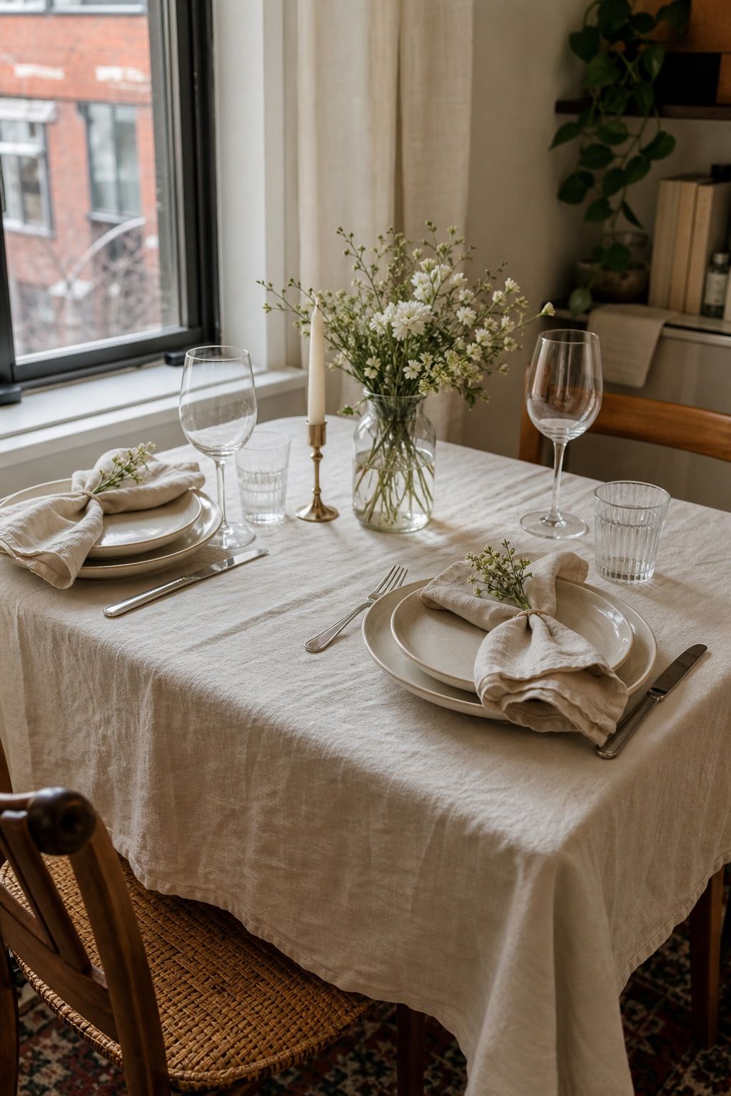 Start With a Neutral Linen Base small apartment idea for Top 18 Spring Tablescape Ideas for Small-Space Hosting.