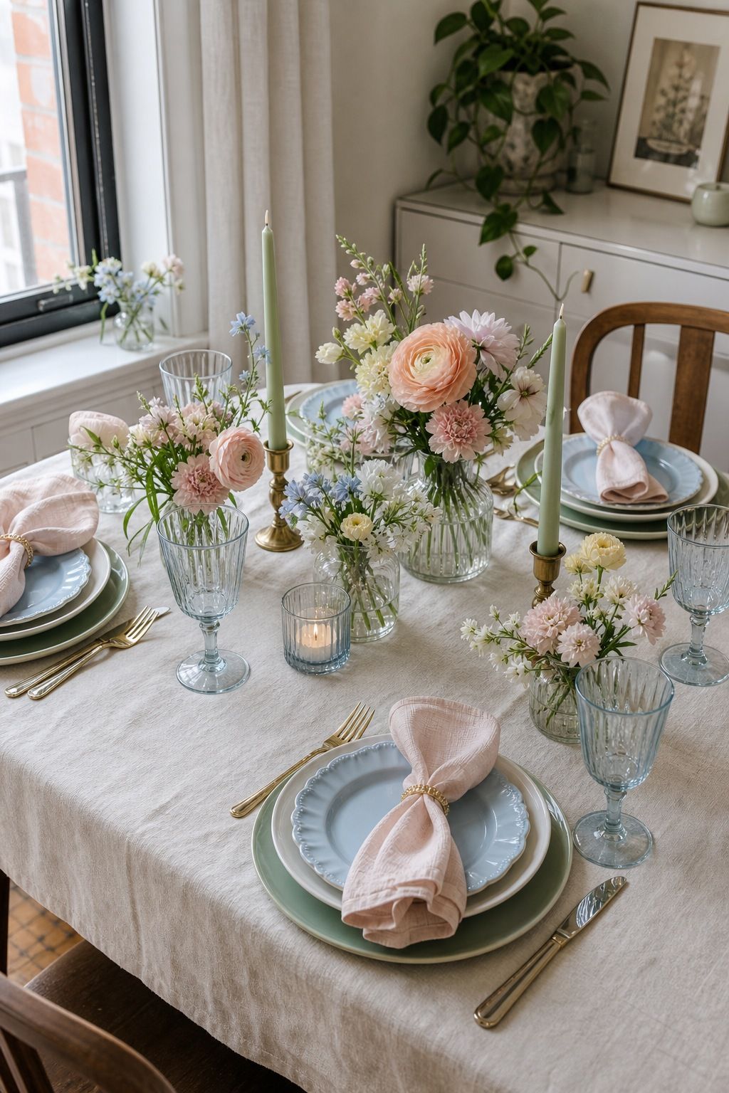 Choose a Calm, Soft Color Palette small apartment idea for Top 18 Spring Tablescape Ideas for Small-Space Hosting.