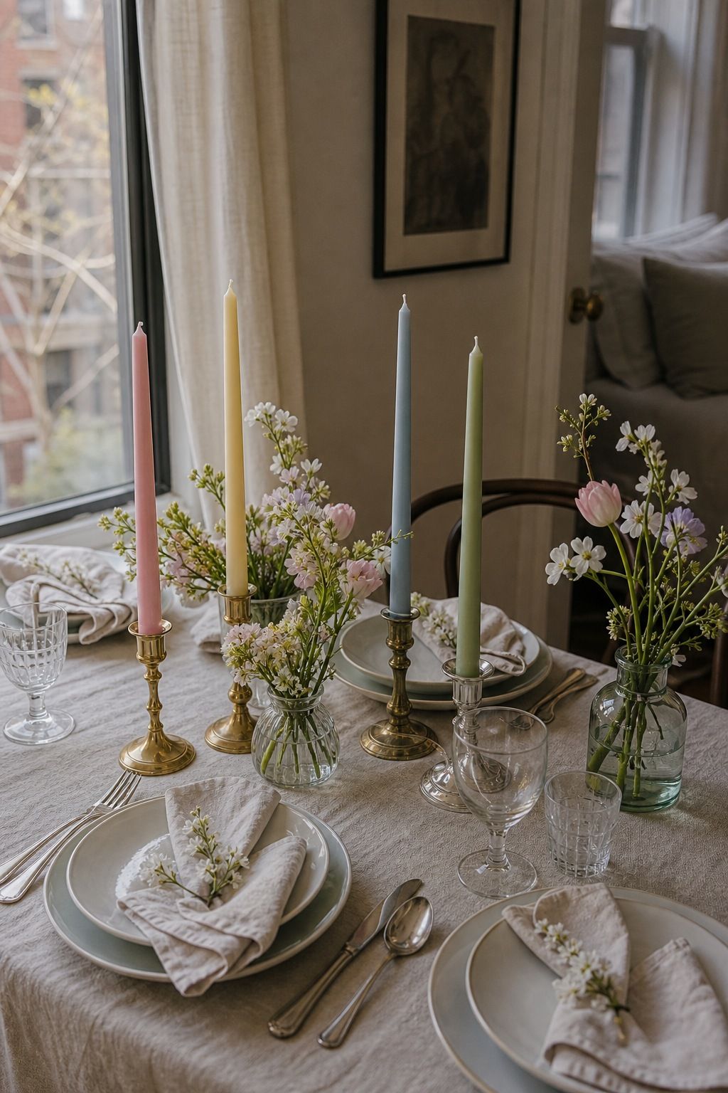 Add Pastel Taper Candles in Metal Holders small apartment idea for Top 18 Spring Tablescape Ideas for Small-Space Hosting.