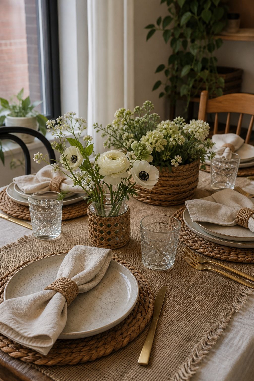Layer Natural Textures Like Rattan and Burlap small apartment idea for Top 18 Spring Tablescape Ideas for Small-Space Hosting.