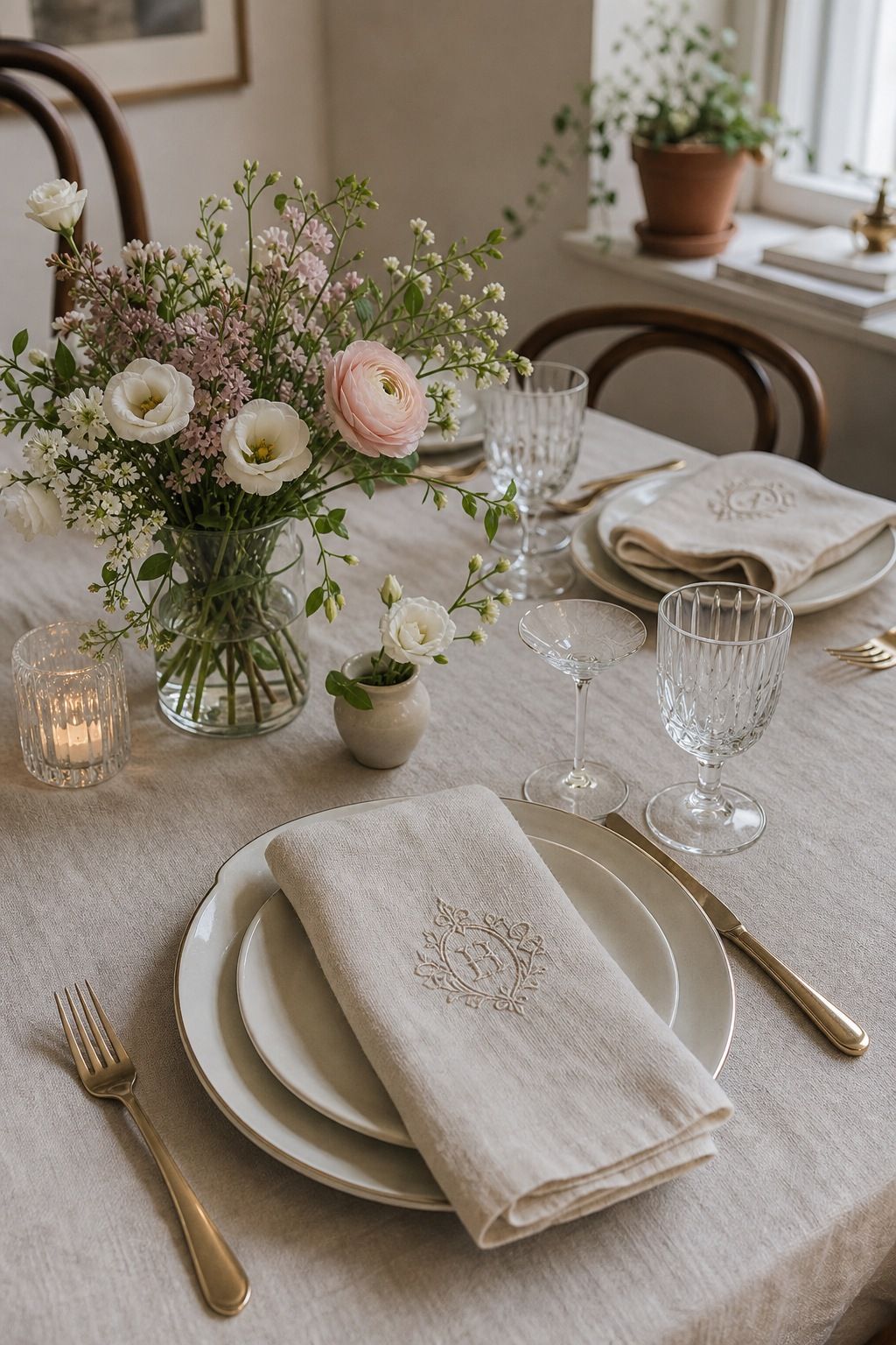 Use Monogrammed or Personal Linens small apartment idea for Top 18 Spring Tablescape Ideas for Small-Space Hosting.