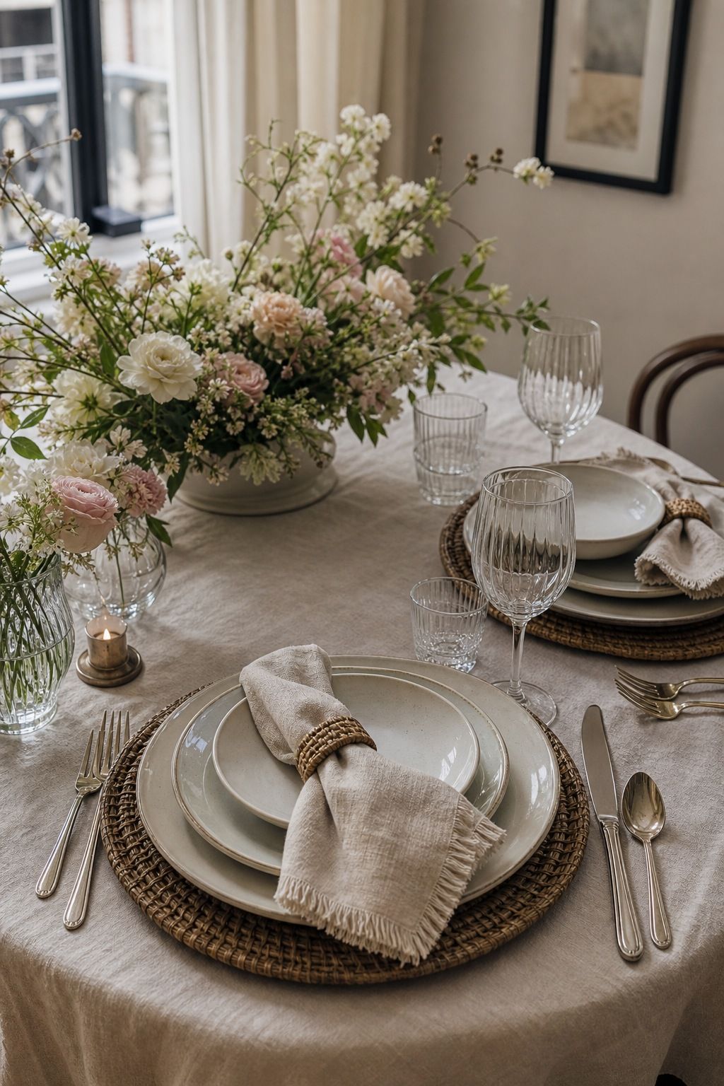 Build Layered Place Settings small apartment idea for Top 18 Spring Tablescape Ideas for Small-Space Hosting.