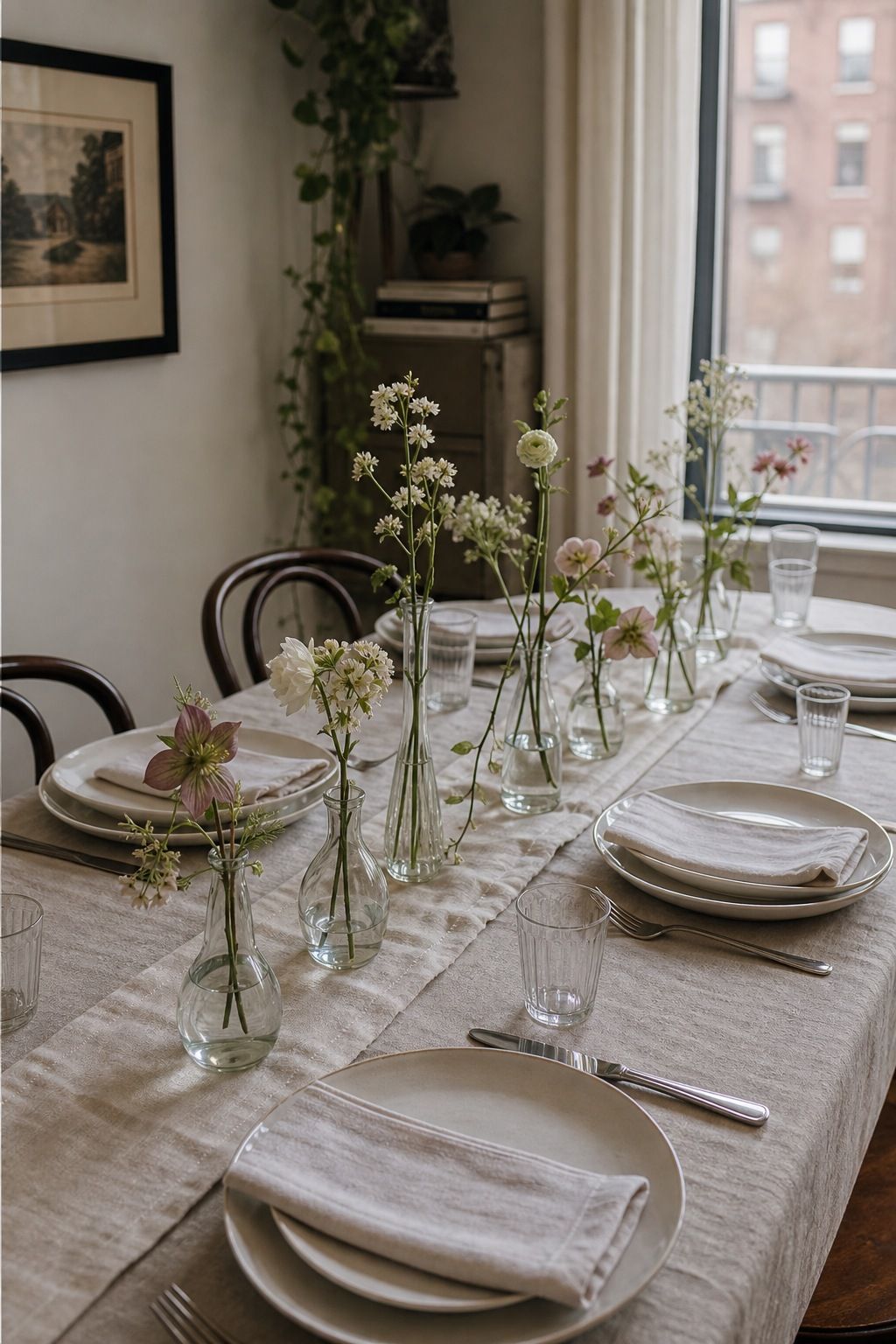 Add Single-Stem Vases Down the Table small apartment idea for Top 18 Spring Tablescape Ideas for Small-Space Hosting.