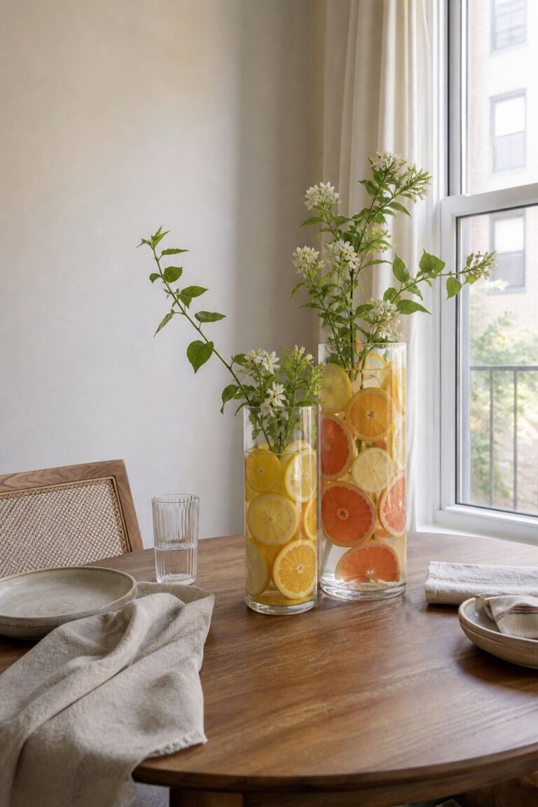 Display Citrus Slices in Vases small apartment idea for Top 21 Summer Centerpiece Ideas for Small Apartments.