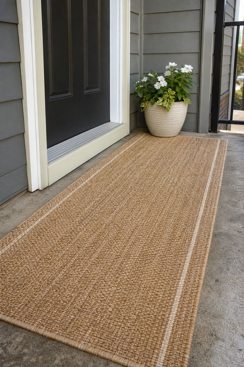 Hide an Ugly Concrete Slab with an Outdoor Runner small apartment idea for Top 17 Summer Front Porch Decorating Ideas for Apartments and Small Outdoor Spaces.