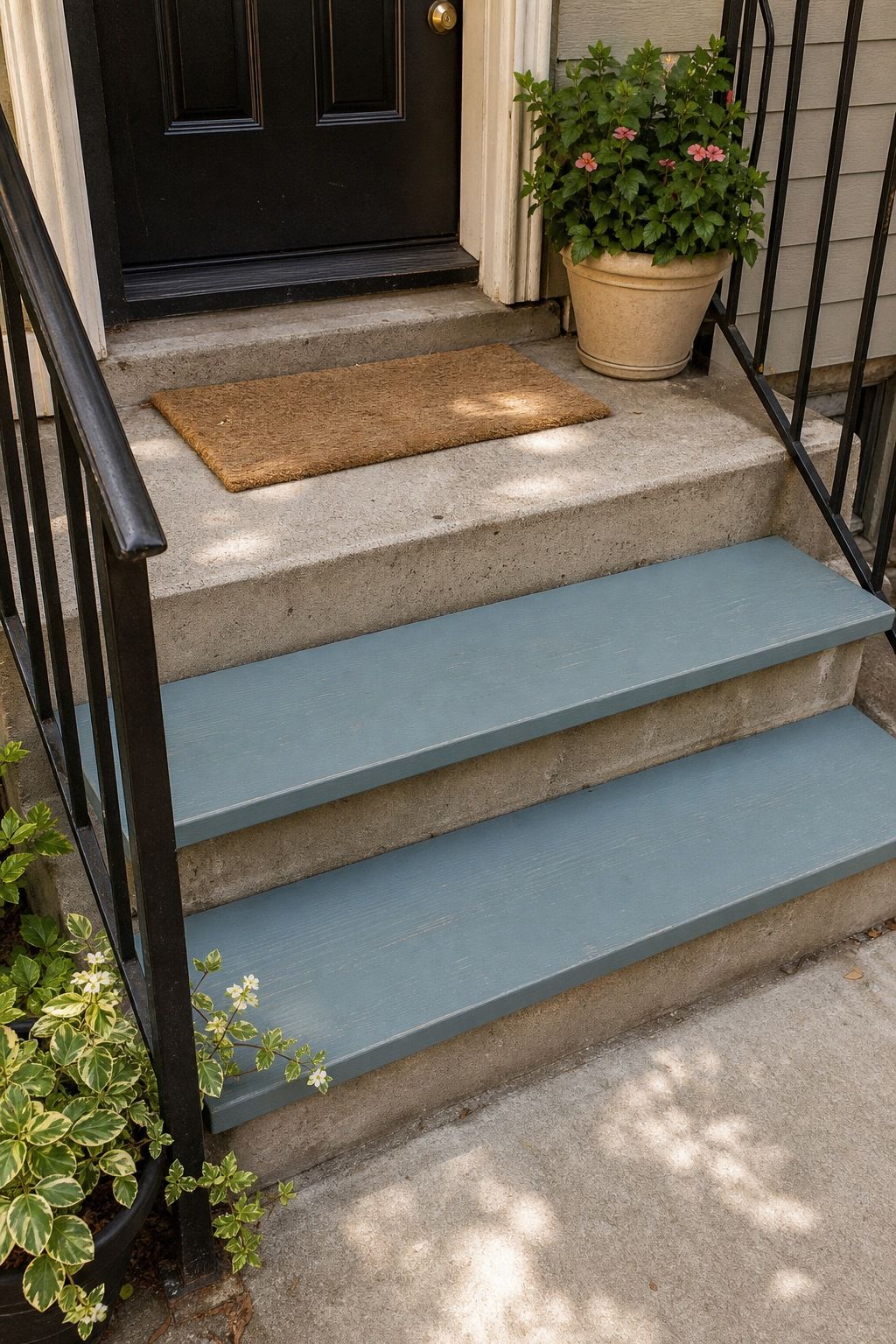 Add a Pair of Painted Wood Treads to the Steps small apartment idea for Top 17 Summer Front Porch Decorating Ideas for Apartments and Small Outdoor Spaces.