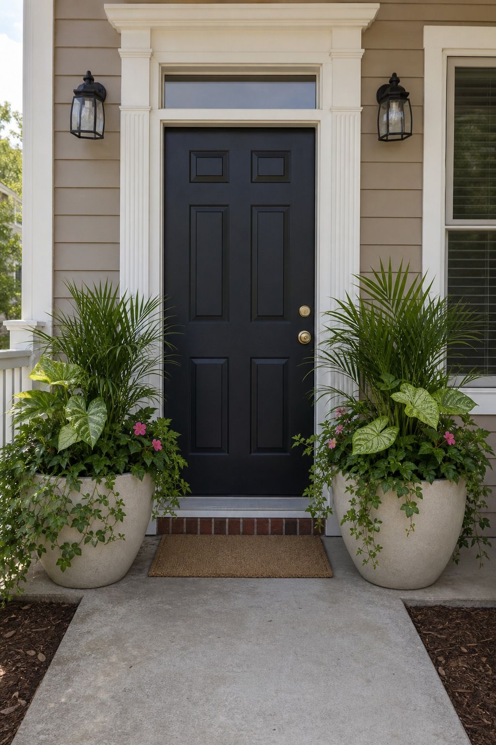 Flank the Door with Two Oversized Planters small apartment idea for Top 17 Summer Front Porch Decorating Ideas for Apartments and Small Outdoor Spaces.