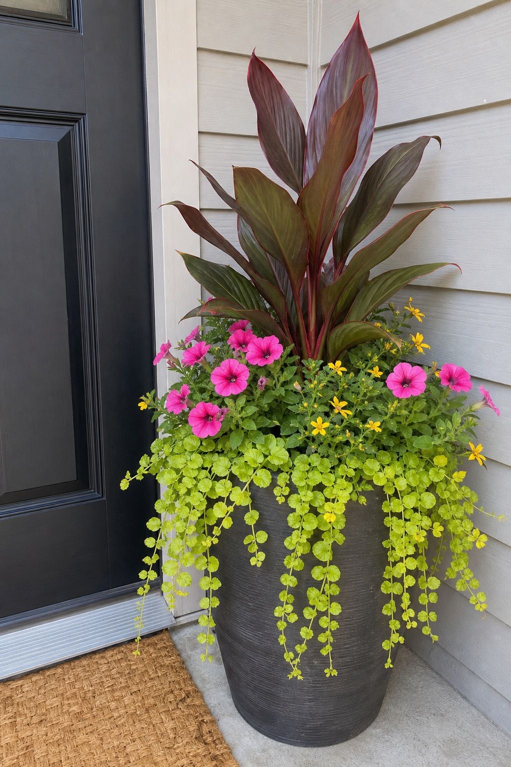 Use a Tall Filler-Spiller-Thriller Combo small apartment idea for Top 17 Summer Front Porch Decorating Ideas for Apartments and Small Outdoor Spaces.