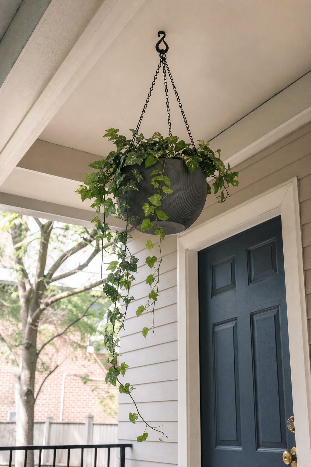 Hang One Statement Planter from the Ceiling small apartment idea for Top 17 Summer Front Porch Decorating Ideas for Apartments and Small Outdoor Spaces.