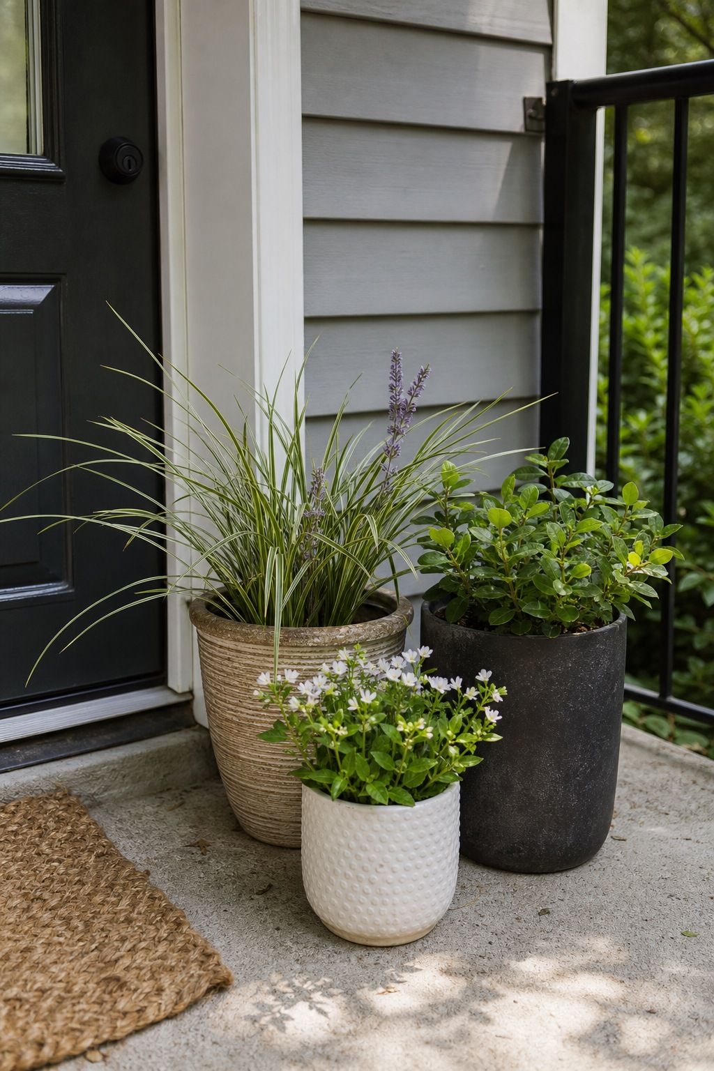 Group Three Different Pots on the Ground in Odd Numbers small apartment idea for Top 17 Summer Front Porch Decorating Ideas for Apartments and Small Outdoor Spaces.