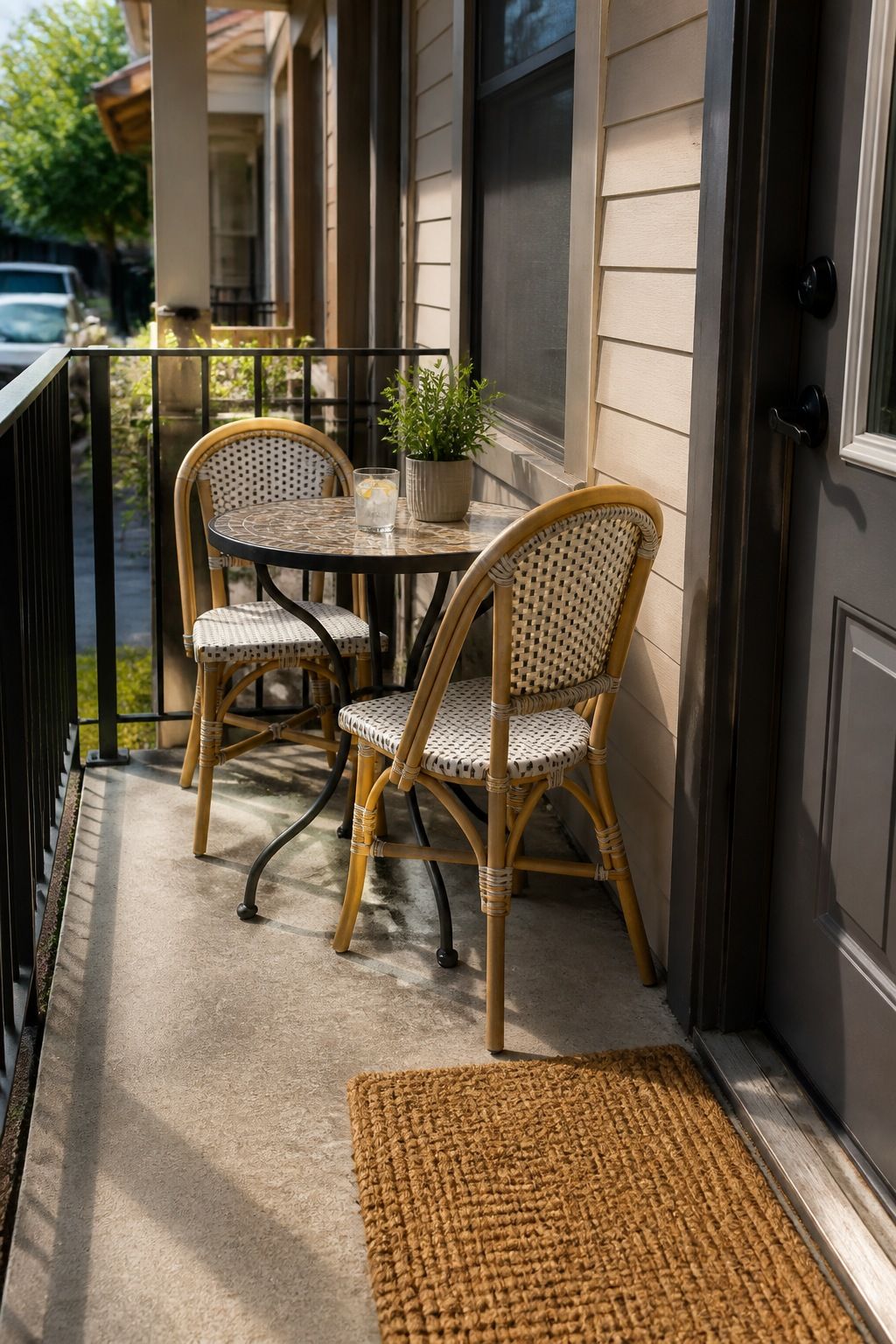 Replace the Folding Camp Chair with a Real Bistro Set small apartment idea for Top 17 Summer Front Porch Decorating Ideas for Apartments and Small Outdoor Spaces.