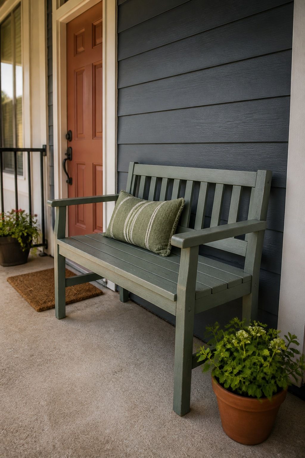 Add a Painted Wood Bench Against the House Wall small apartment idea for Top 17 Summer Front Porch Decorating Ideas for Apartments and Small Outdoor Spaces.