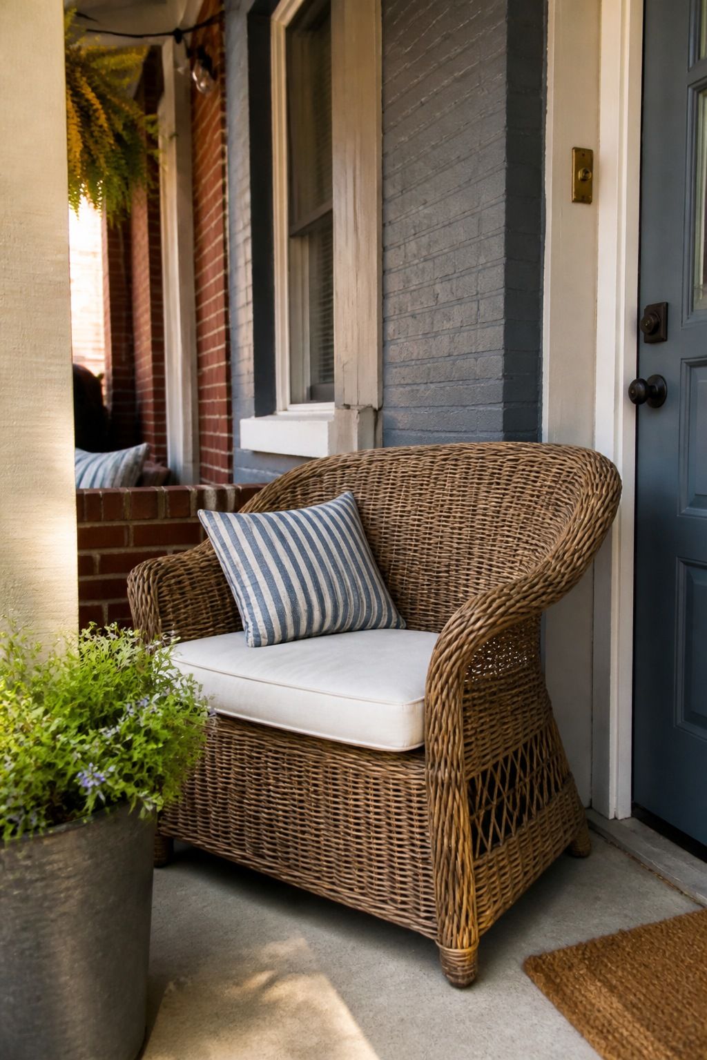 Skip the Outdoor Sectional, Add a Vintage Wicker Piece Instead small apartment idea for Top 17 Summer Front Porch Decorating Ideas for Apartments and Small Outdoor Spaces.