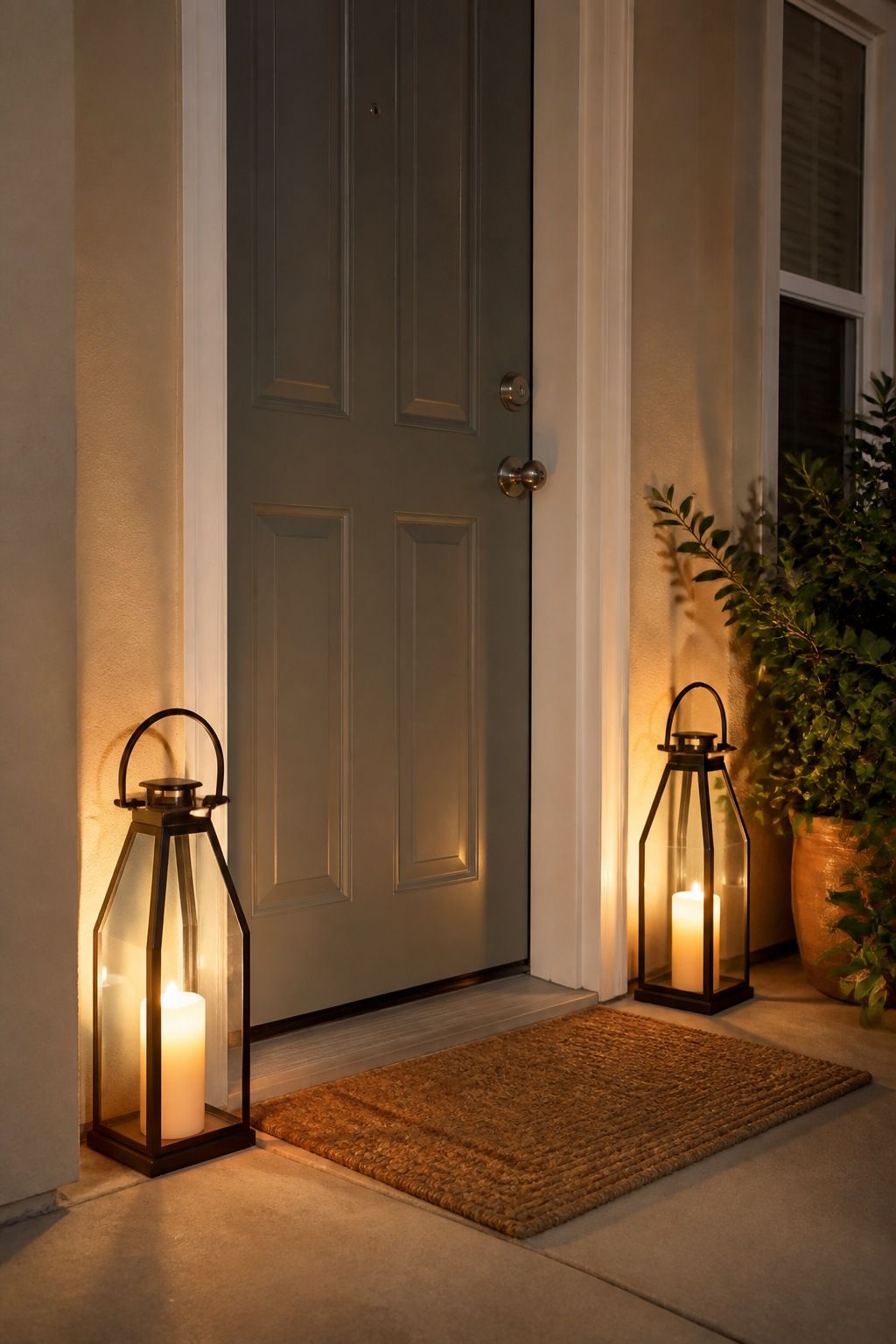 Set a Pair of Floor Lanterns on Each Side small apartment idea for Top 17 Summer Front Porch Decorating Ideas for Apartments and Small Outdoor Spaces.