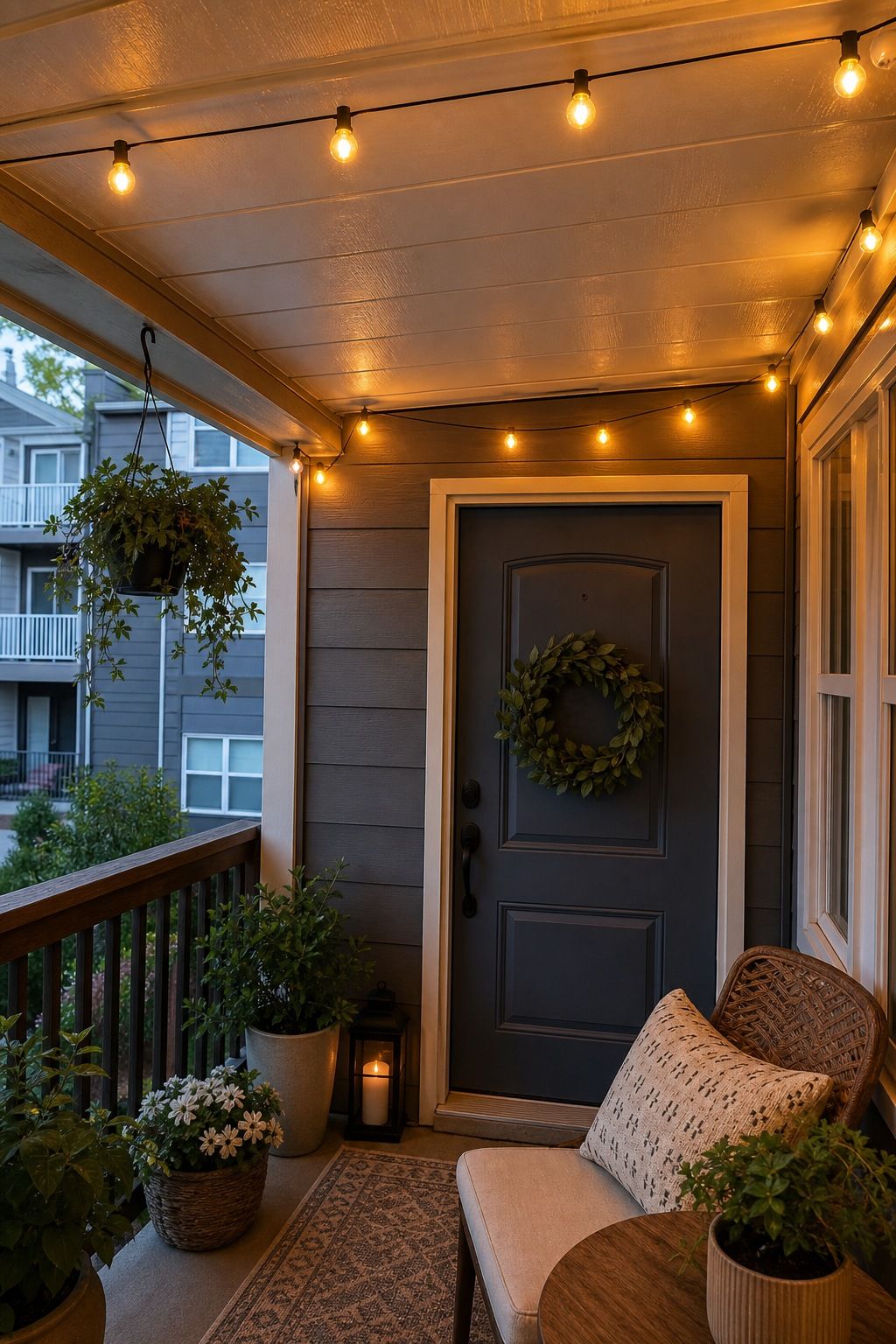 Add Warm String Lights Only If the Porch Has a Ceiling small apartment idea for Top 17 Summer Front Porch Decorating Ideas for Apartments and Small Outdoor Spaces.