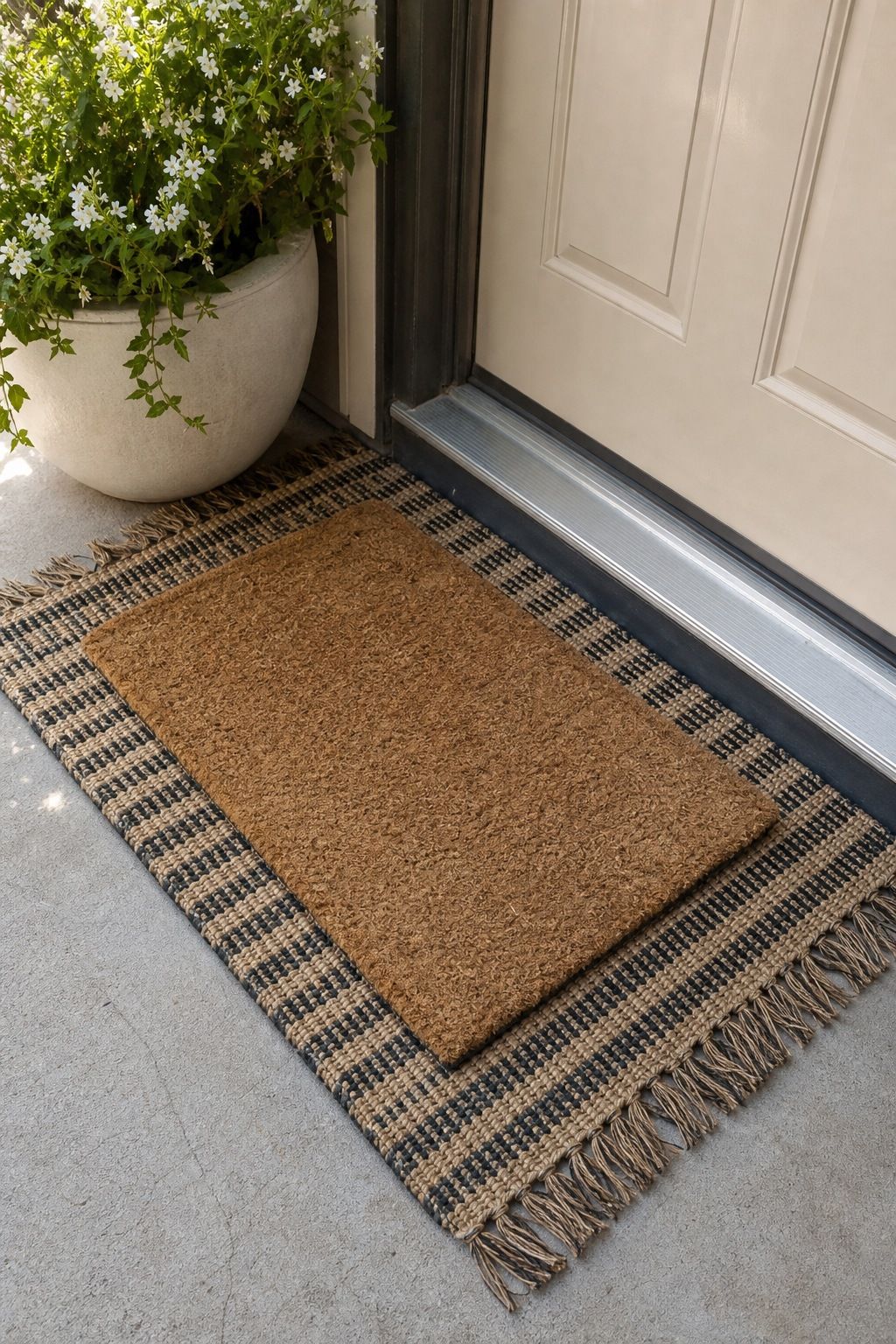Layer Two Doormats for Pattern and Depth small apartment idea for Top 17 Summer Front Porch Decorating Ideas for Apartments and Small Outdoor Spaces.