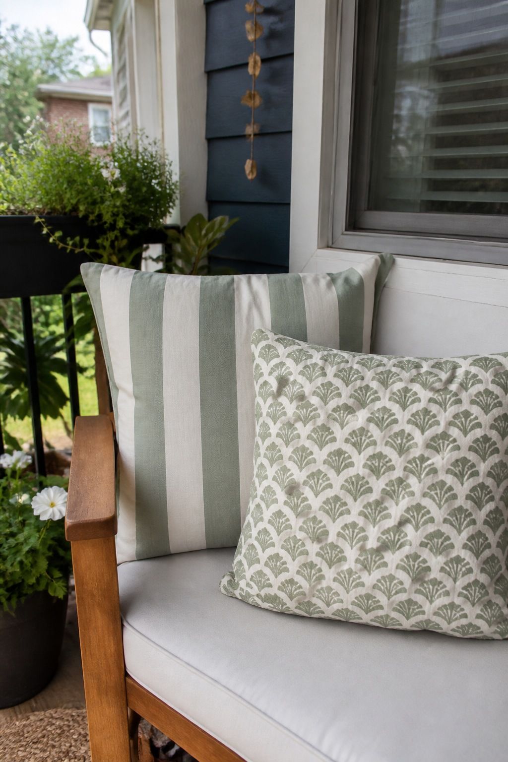 Mix Two Outdoor Pillows in the Same Palette, Different Scales small apartment idea for Top 17 Summer Front Porch Decorating Ideas for Apartments and Small Outdoor Spaces.
