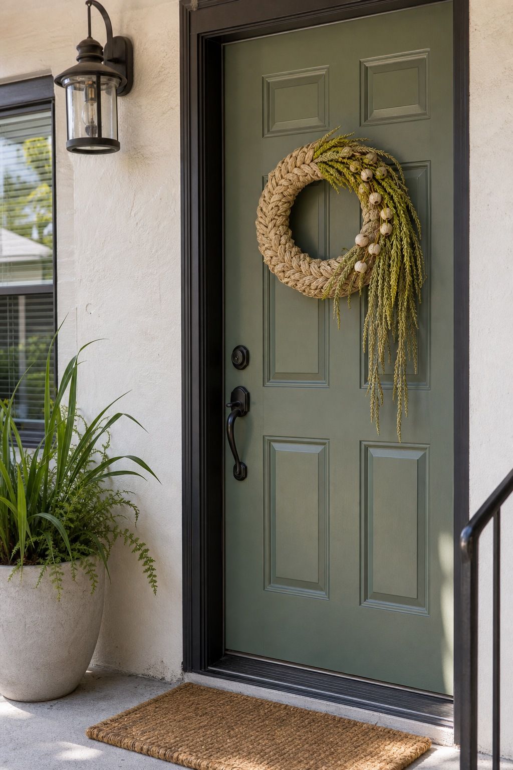 Hang an Unexpected Wreath, Not a Floral One small apartment idea for Top 17 Summer Front Porch Decorating Ideas for Apartments and Small Outdoor Spaces.