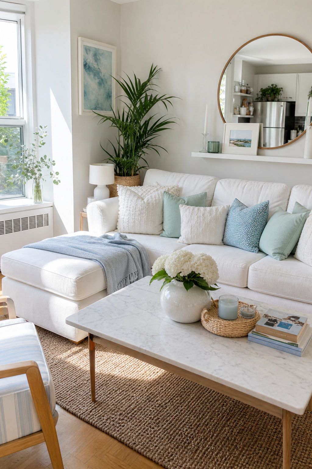 Lighten the Palette With White, Blue, and Mint small apartment idea for Top 18 Summer Home Decor Ideas for Small Apartments.