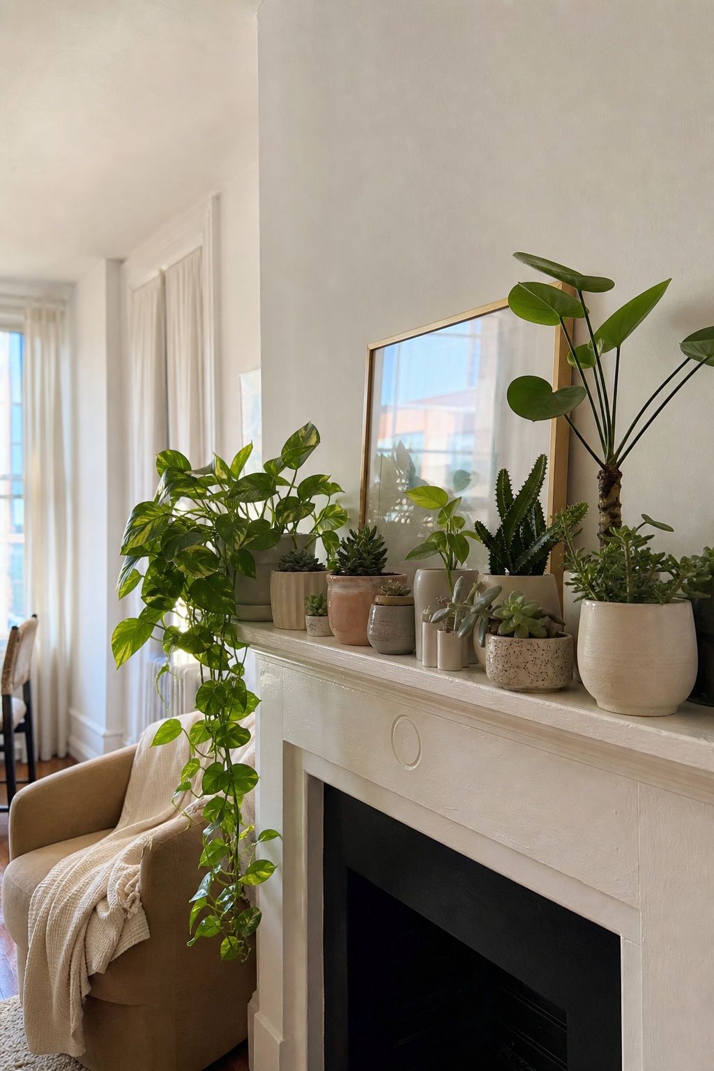 Add Greenery and Succulents small apartment idea for Top 20 Summer Mantel Decorating Ideas for Small Spaces.