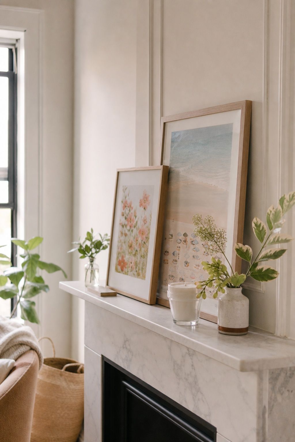 Display Framed Summer Artwork small apartment idea for Top 20 Summer Mantel Decorating Ideas for Small Spaces.