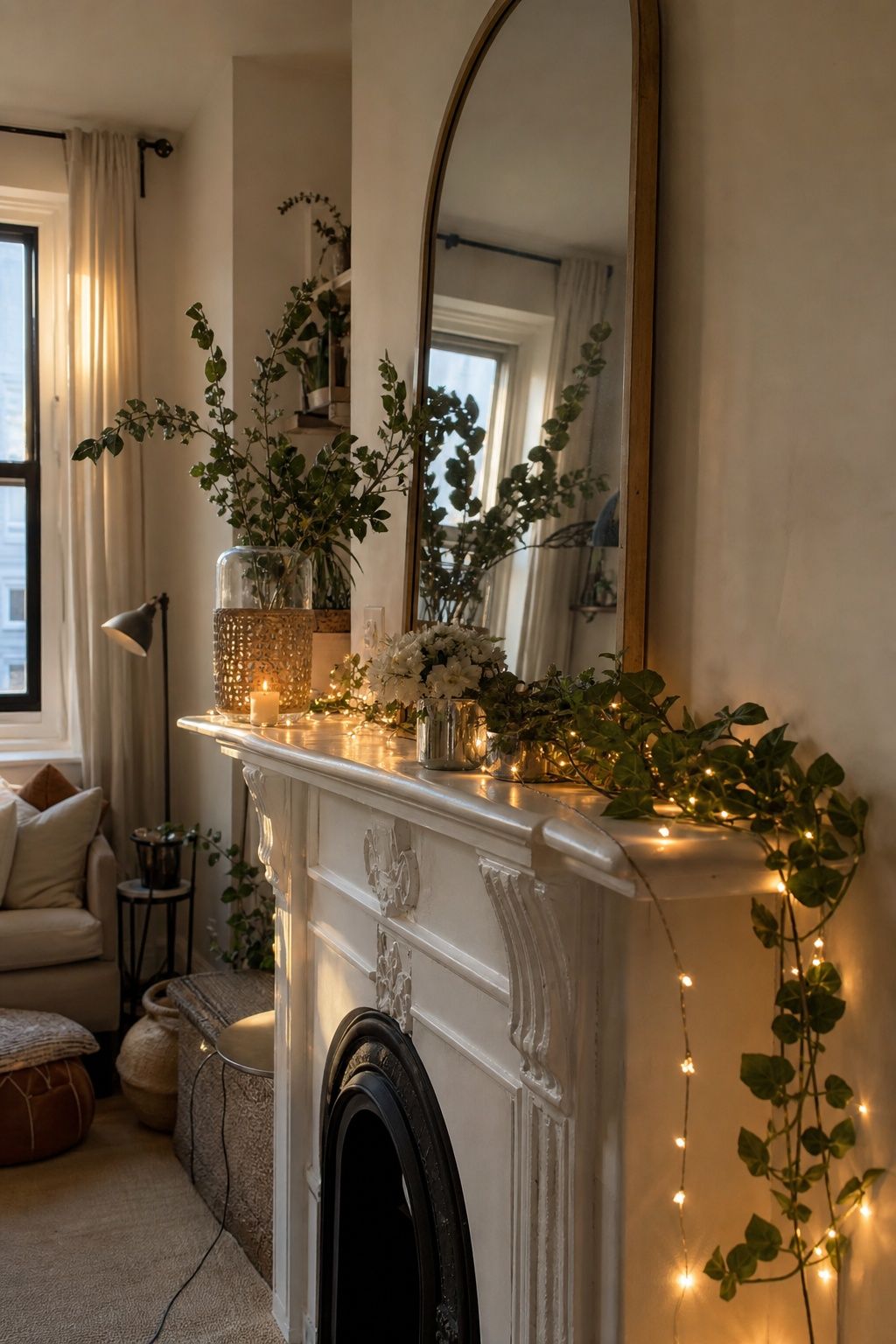 Add Fairy Lights small apartment idea for Top 20 Summer Mantel Decorating Ideas for Small Spaces.