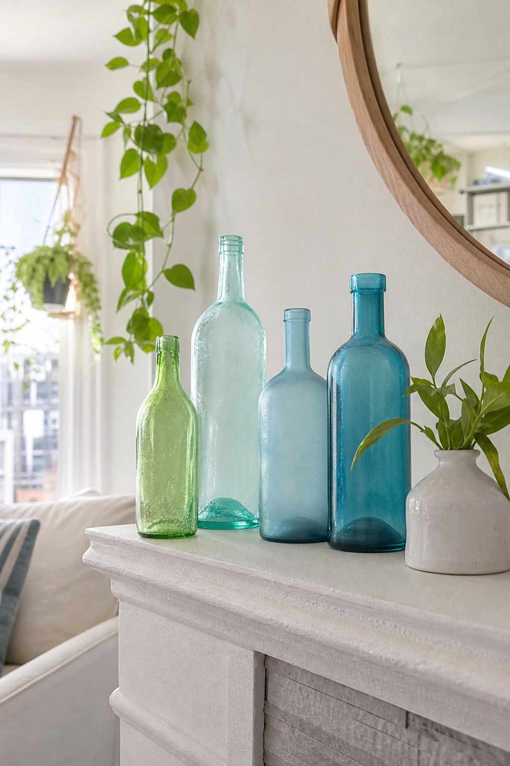 Display Sea Glass Bottles small apartment idea for Top 20 Summer Mantel Decorating Ideas for Small Spaces.