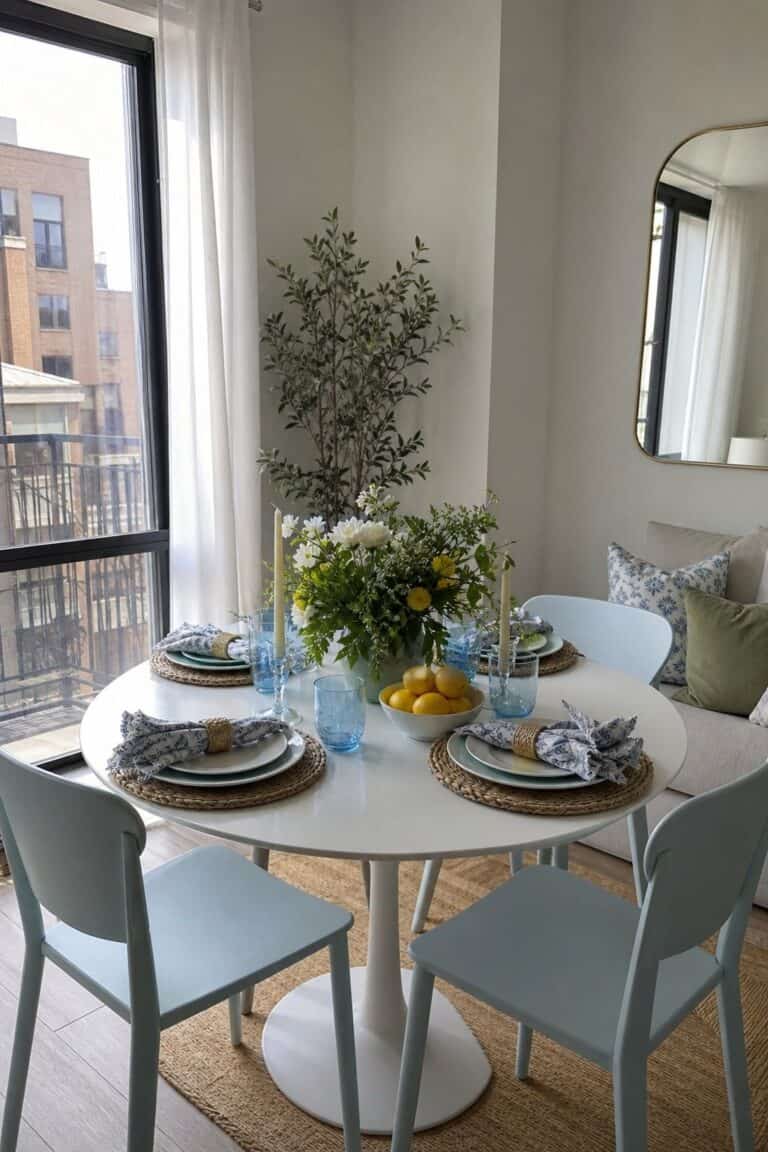 Choose a Light, Fresh Color Palette small apartment idea for Top 17 Summer Table Settings Ideas for Small-Space Hosting.