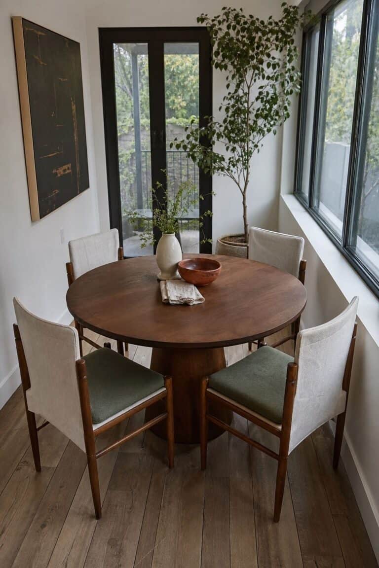 Small sunroom dining room with a round walnut table and four cream linen chairs