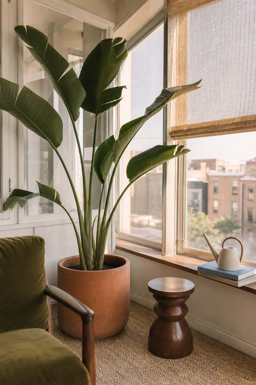 Tall Bird of Paradise plant anchoring a small sunroom corner with walnut accents, terracotta planter, and soft natural window light.