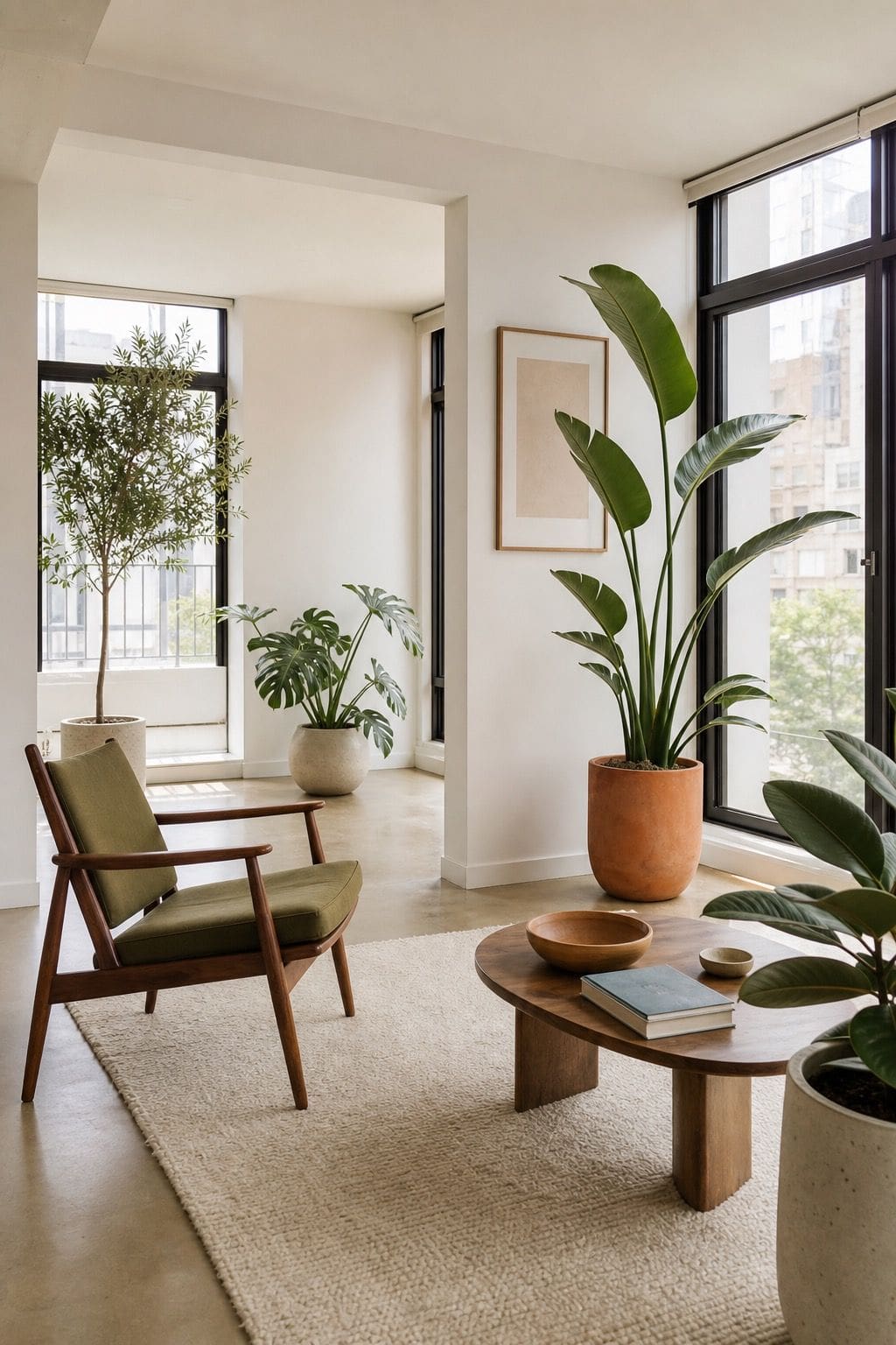 Restrained apartment sunroom with statement plants spaced apart around walnut furniture, open floor space, and clean natural light.