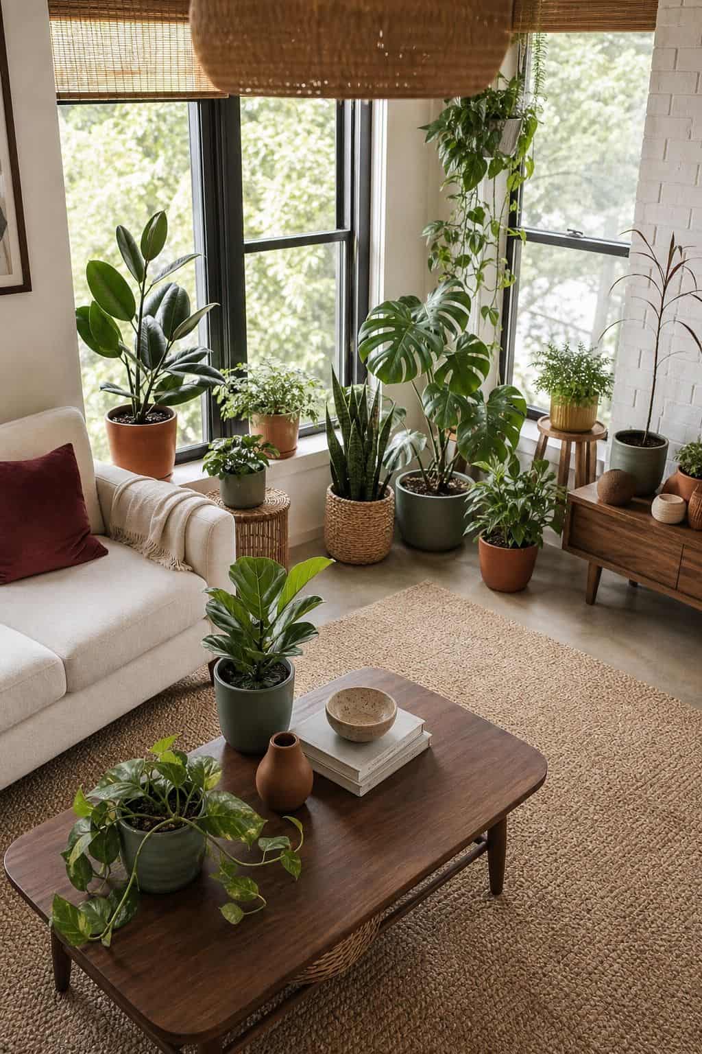 Sunroom plant collection styled with terracotta, smoky green, and woven planters around walnut furniture and natural textures.