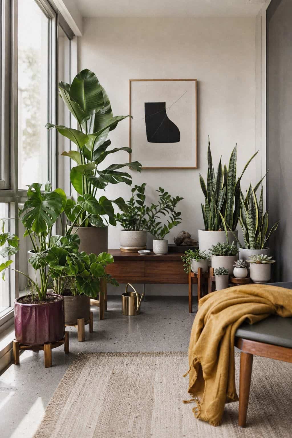Care-based plant groupings arranged on walnut risers and benches in a bright small apartment sunroom with cohesive pots.