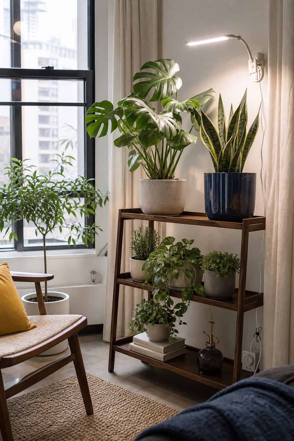 Modern grow light blended into a walnut plant shelf in a bright apartment sunroom with Monstera, snake plant, and herbs.