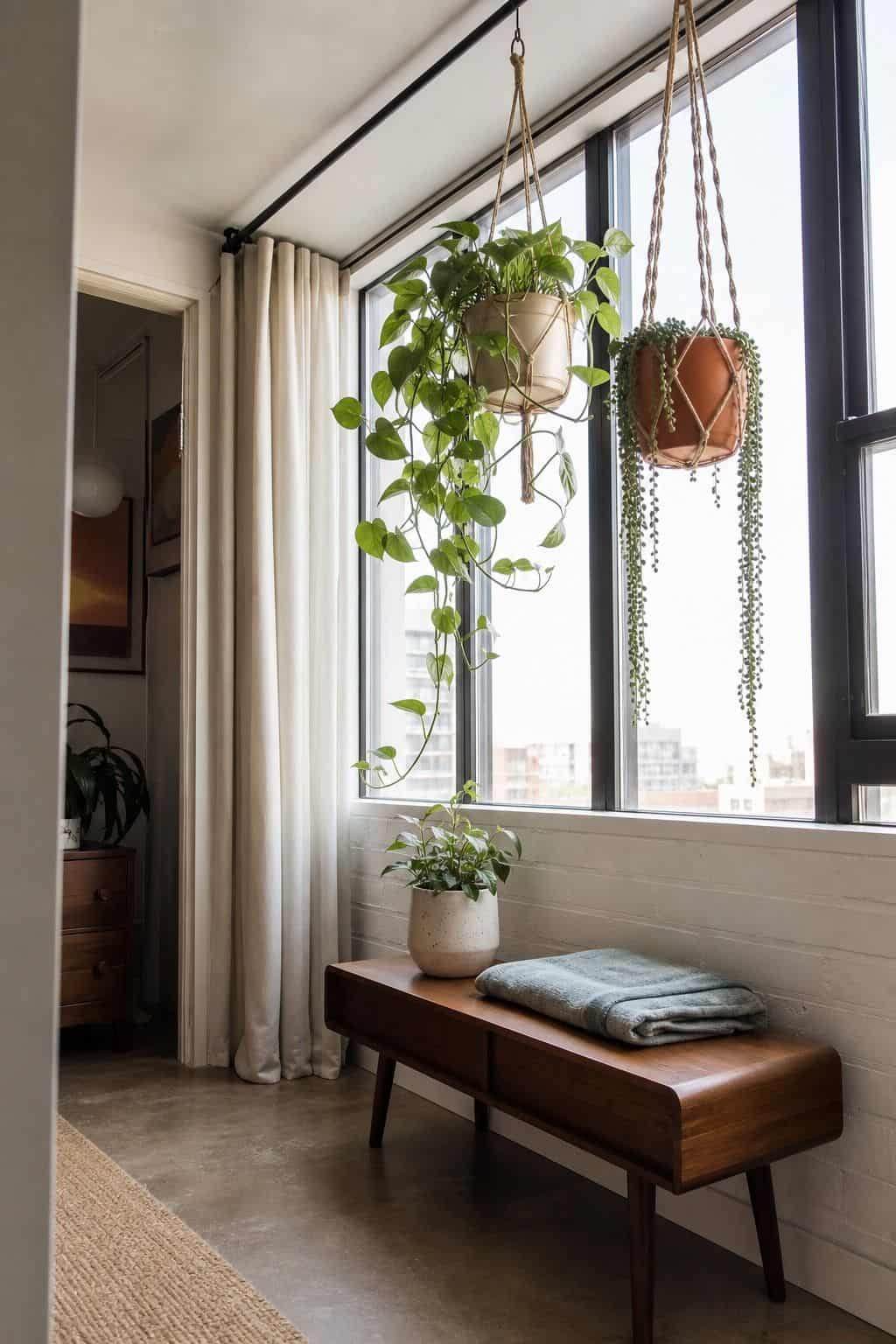 Macrame hanging planters with trailing greenery above a walnut bench in a bright sunroom that keeps the floor open.