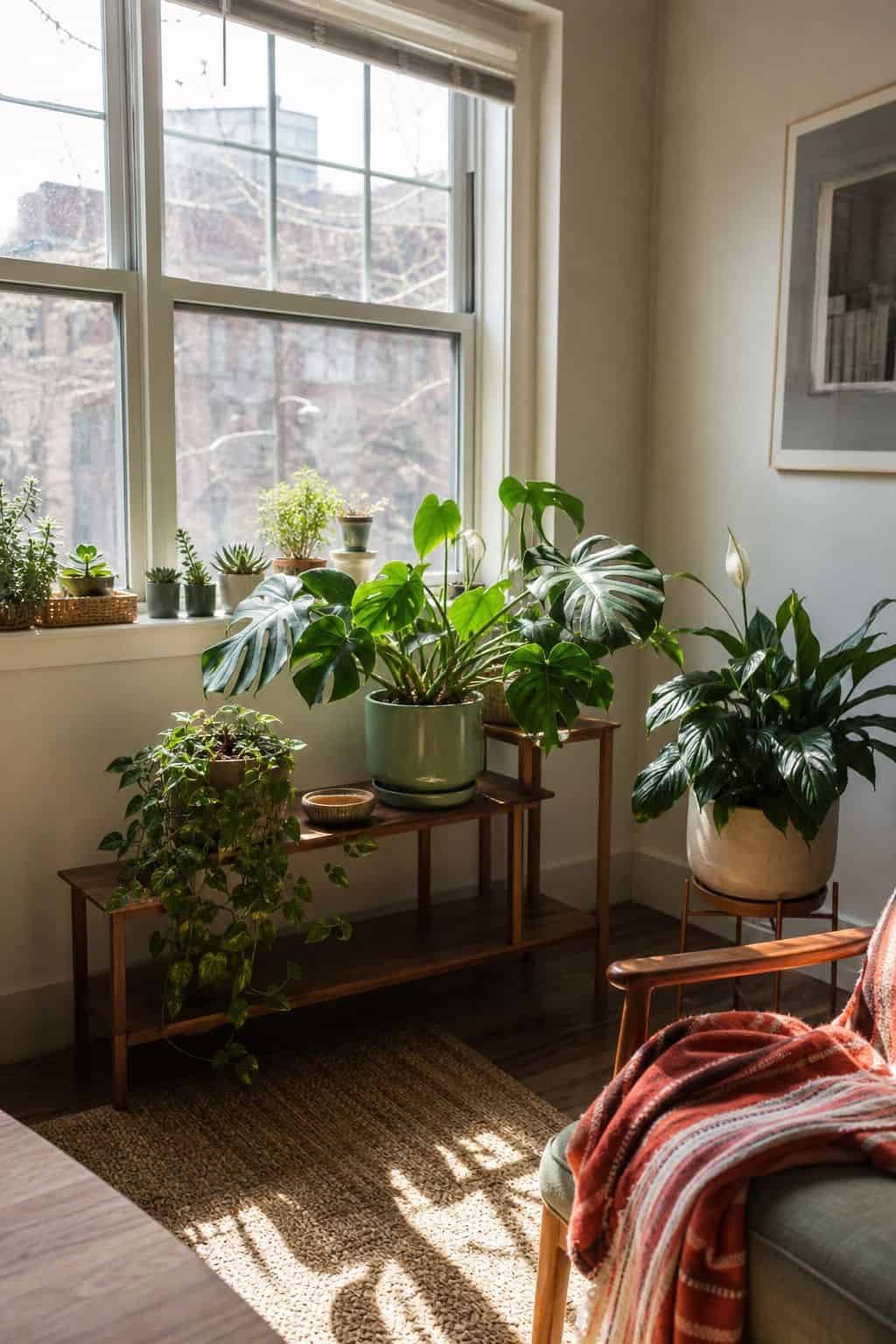 Sunroom plant layout with succulents, herbs, and foliage placed by their real light needs near bright windows and softer corners.